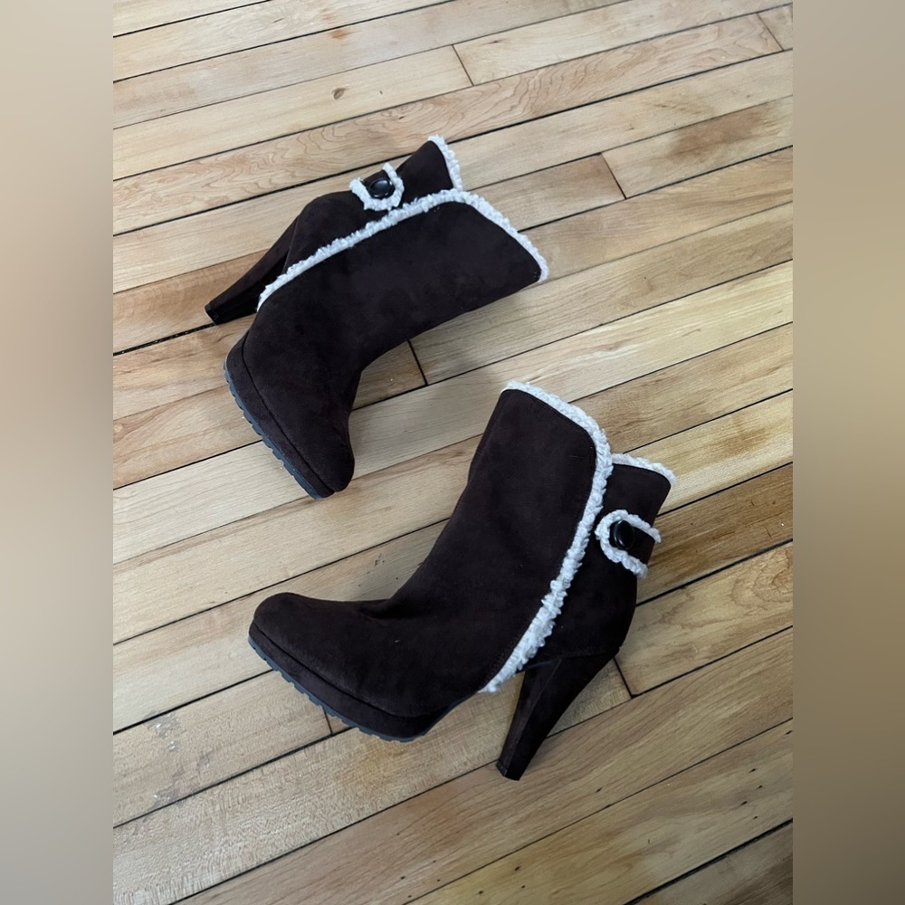 Colin Stuart Shearling Sheepskin trimmed ankle heeled boots‎ brown